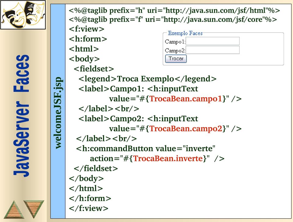 com/jsf/core"%> <f:view> <h:form> <html> <body> <fieldset> <legend>troca Exemplo</legend> <label>campo1: