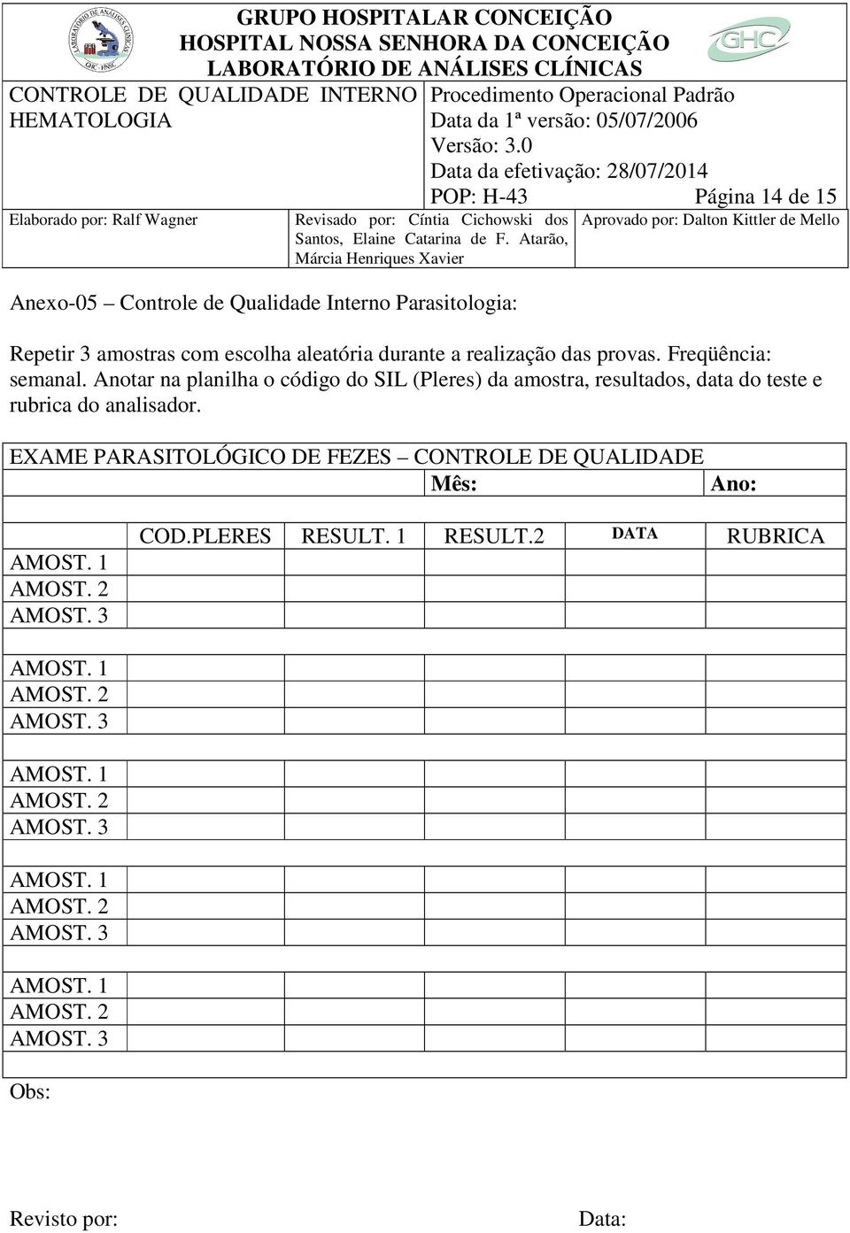 Anotar na planilha o código do SIL (Pleres) da amostra, resultados, data do teste e rubrica do analisador.