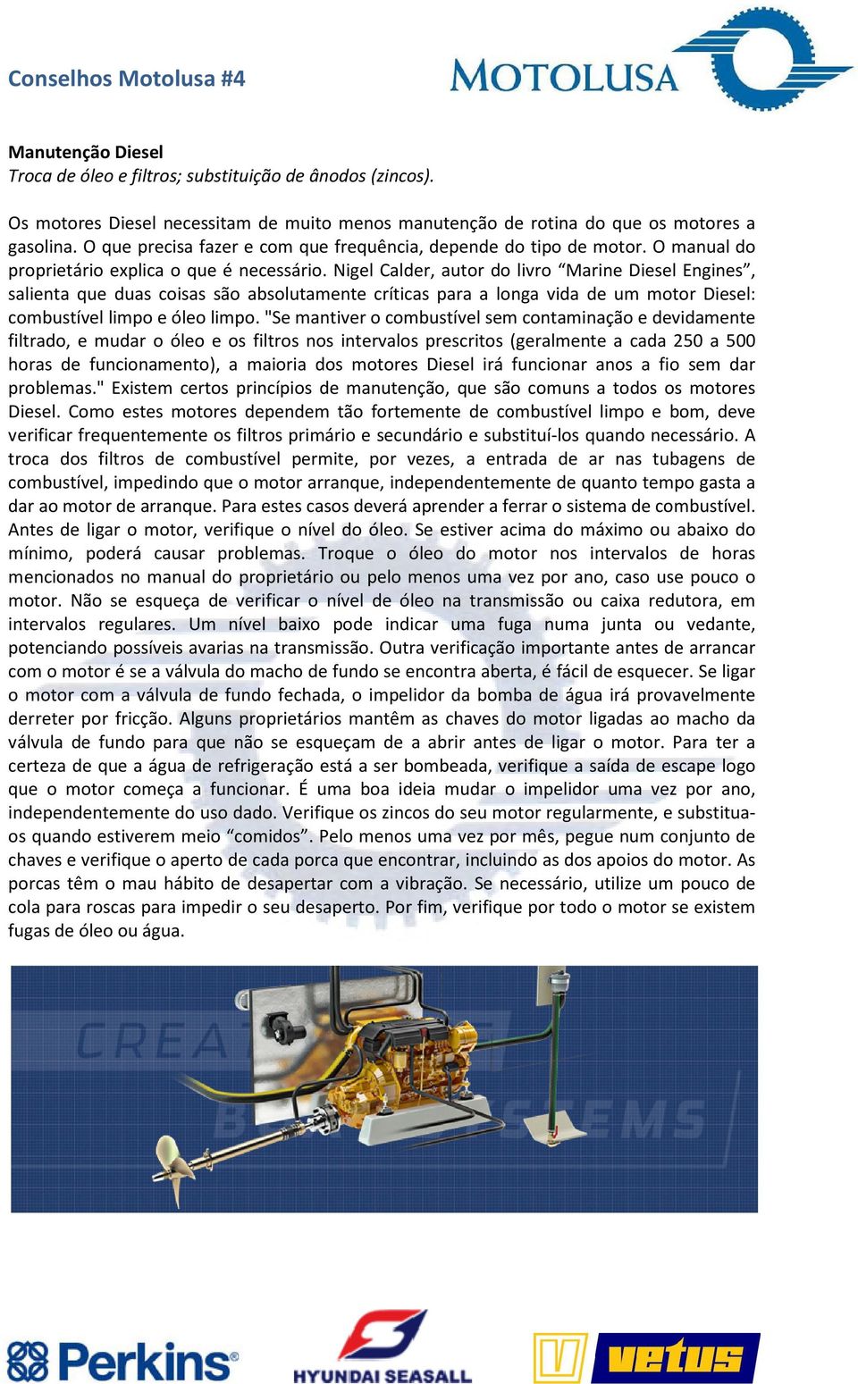 Nigel Calder, autor do livro Marine Diesel Engines, salienta que duas coisas são absolutamente críticas para a longa vida de um motor Diesel: combustível limpo e óleo limpo.