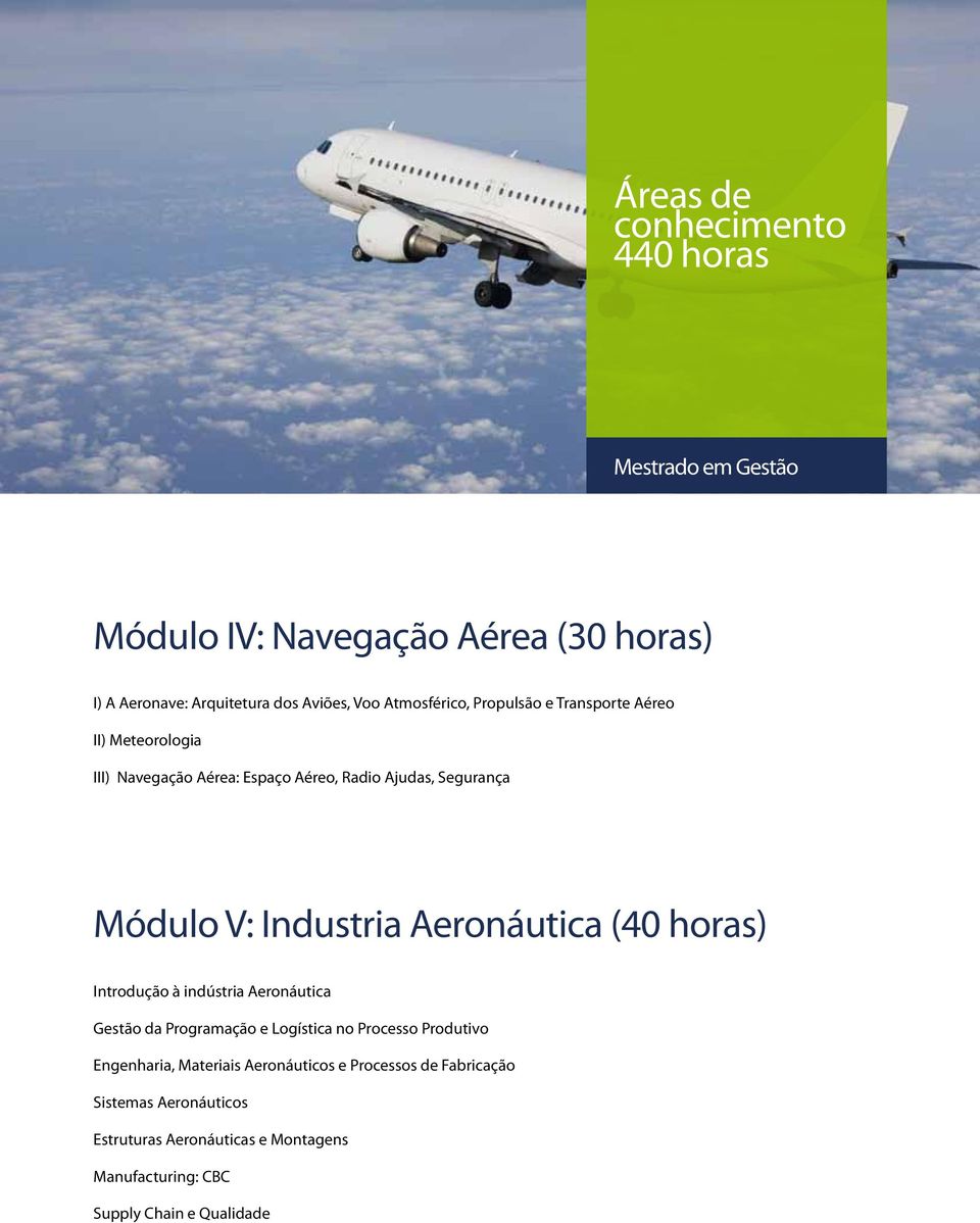 Industria Aeronáutica (40 horas) Introdução à indústria Aeronáutica Gestão da Programação e Logística no Processo Produtivo Engenharia,