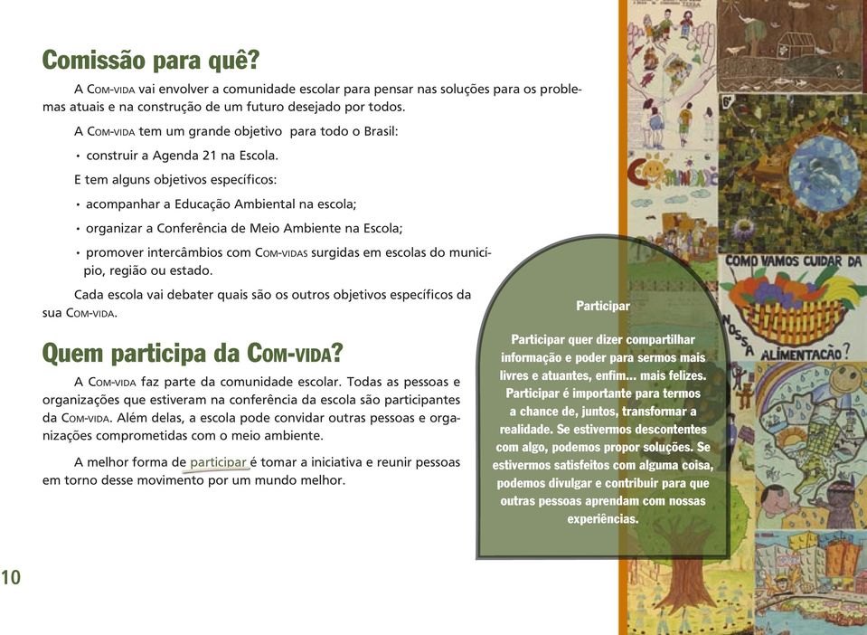 E tem alguns objetivos específicos: acompanhar a Educação Ambiental na escola; organizar a Conferência de Meio Ambiente na Escola; promover intercâmbios com COM-VIDAS surgidas em escolas do