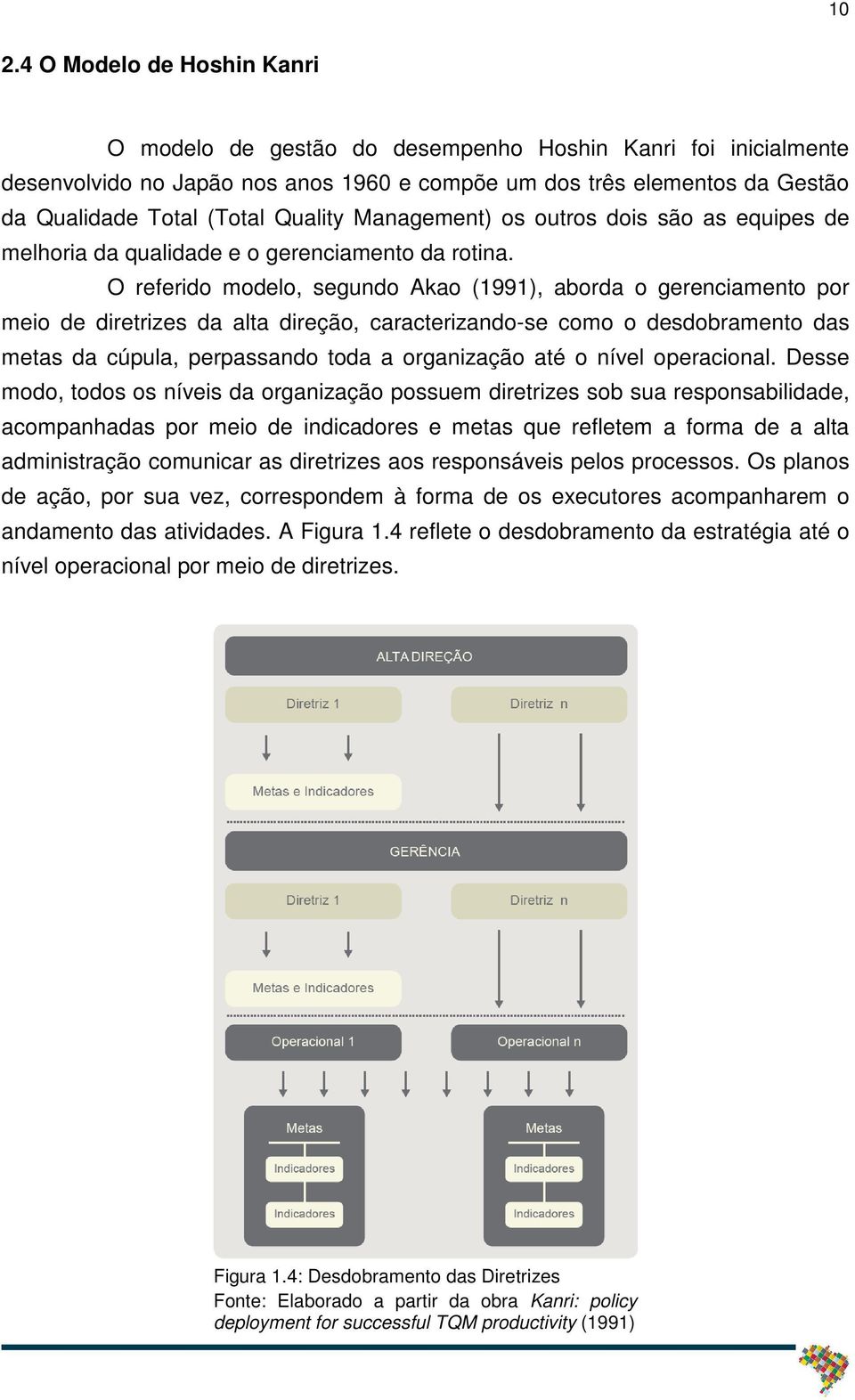 O referido modelo, segundo Akao (1991), aborda o gerenciamento por meio de diretrizes da alta direção, caracterizando-se como o desdobramento das metas da cúpula, perpassando toda a organização até o