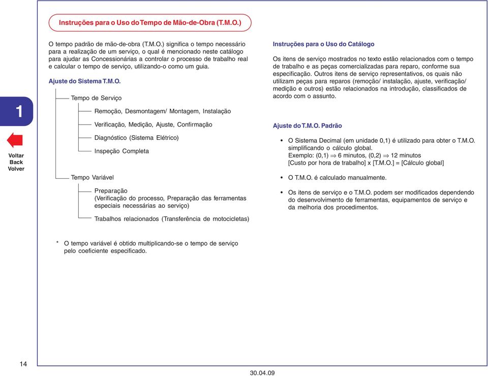 ) O tempo padrão de mão-de-ob) significa o tempo necessário para a realização de um serviço, o qual é mencionado neste catálogo para ajudar as Concessionárias a controlar o processo de trabalho real