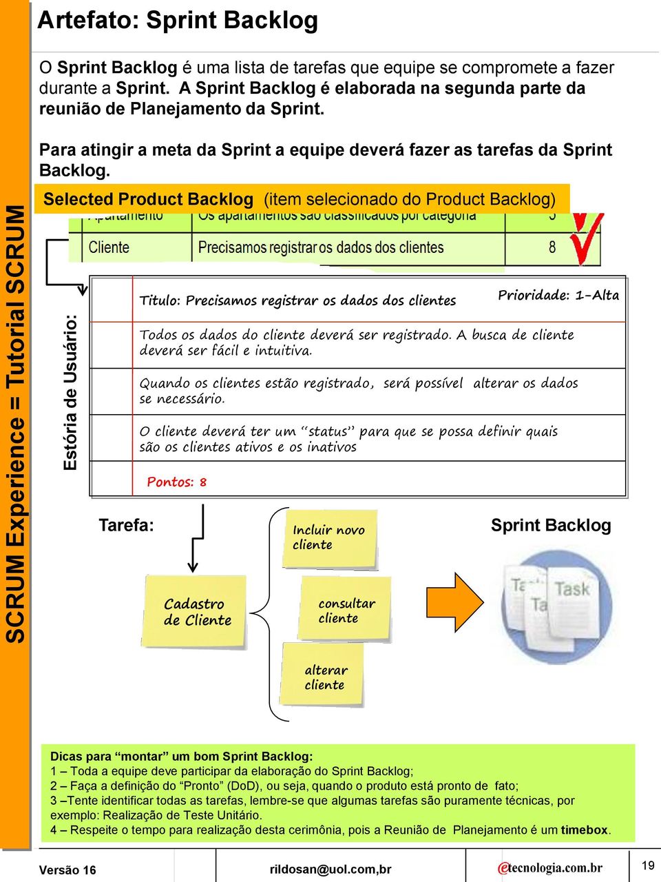 Selected Product Backlog (item selecionado do Product Backlog) Titulo: Precisamos registrar os dados dos clientes Prioridade: 1-Alta Todos os dados do cliente deverá ser registrado.