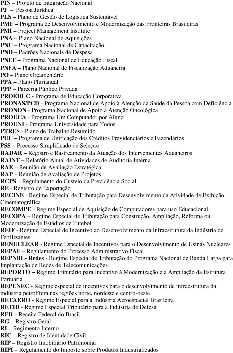 Aduaneira PO Plano Orçamentário PPA Plano Plurianual PPP Parceria Público Privada PROEDUC - Programa de Educação Corporativa PRONAS/PCD - Programa Nacional de Apoio à Atenção da Saúde da Pessoa com