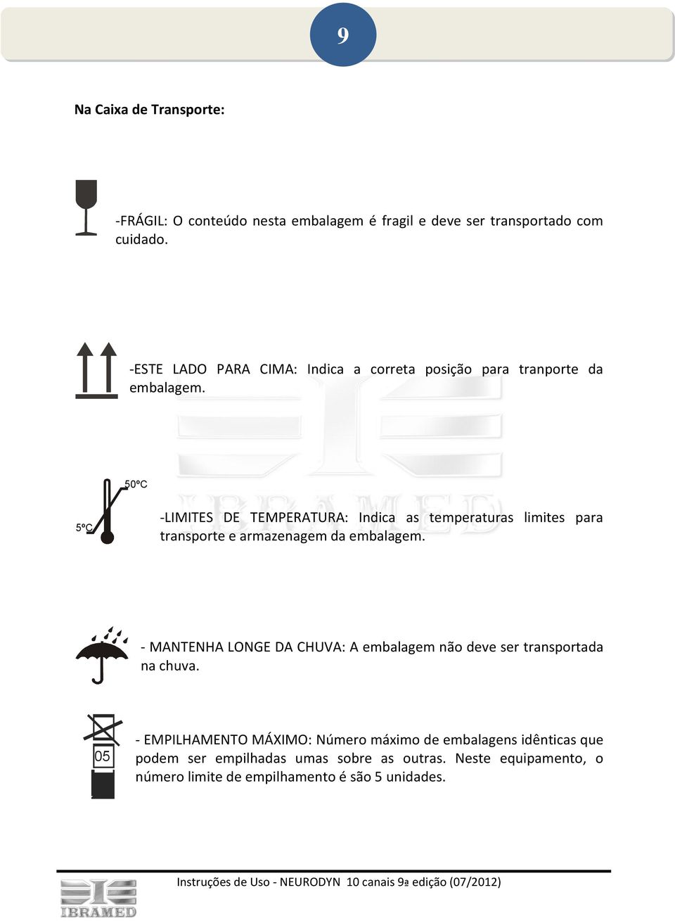 50ºC 5ºC -LIMITES DE TEMPERATURA: Indica as temperaturas limites para transporte e armazenagem da embalagem.