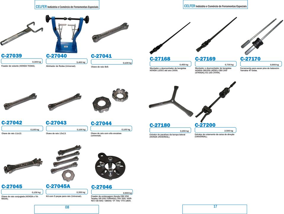 C-27042 C-27043 C-27044 C-27180 C-27200 Chave de raio 11x12. Chave de raio 13x13. Chave de raio com oito encaixes (universal). Extrator do parafuso da tampa lateral (HONDA UNIVERSAL).