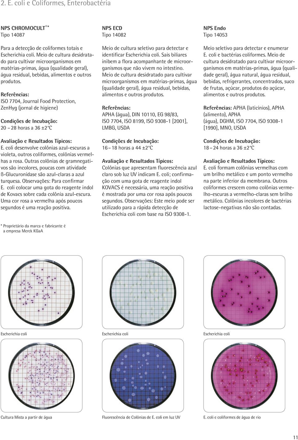 ISO 7704, Journal Food Protection, ZenHyg (jornal de higiene) 20 28 horas a 36 ±2 C E. coli desenvolve colônias azul-escuras a violeta, outros coliformes, colônias vermelhas a rosa.