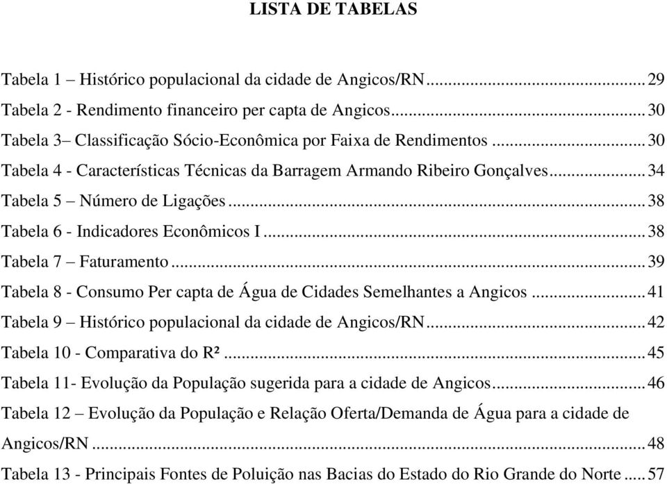 .. 38 Tabela 6 - Indicadores Econômicos I... 38 Tabela 7 Faturamento... 39 Tabela 8 - Consumo Per capta de Água de Cidades Semelhantes a Angicos.
