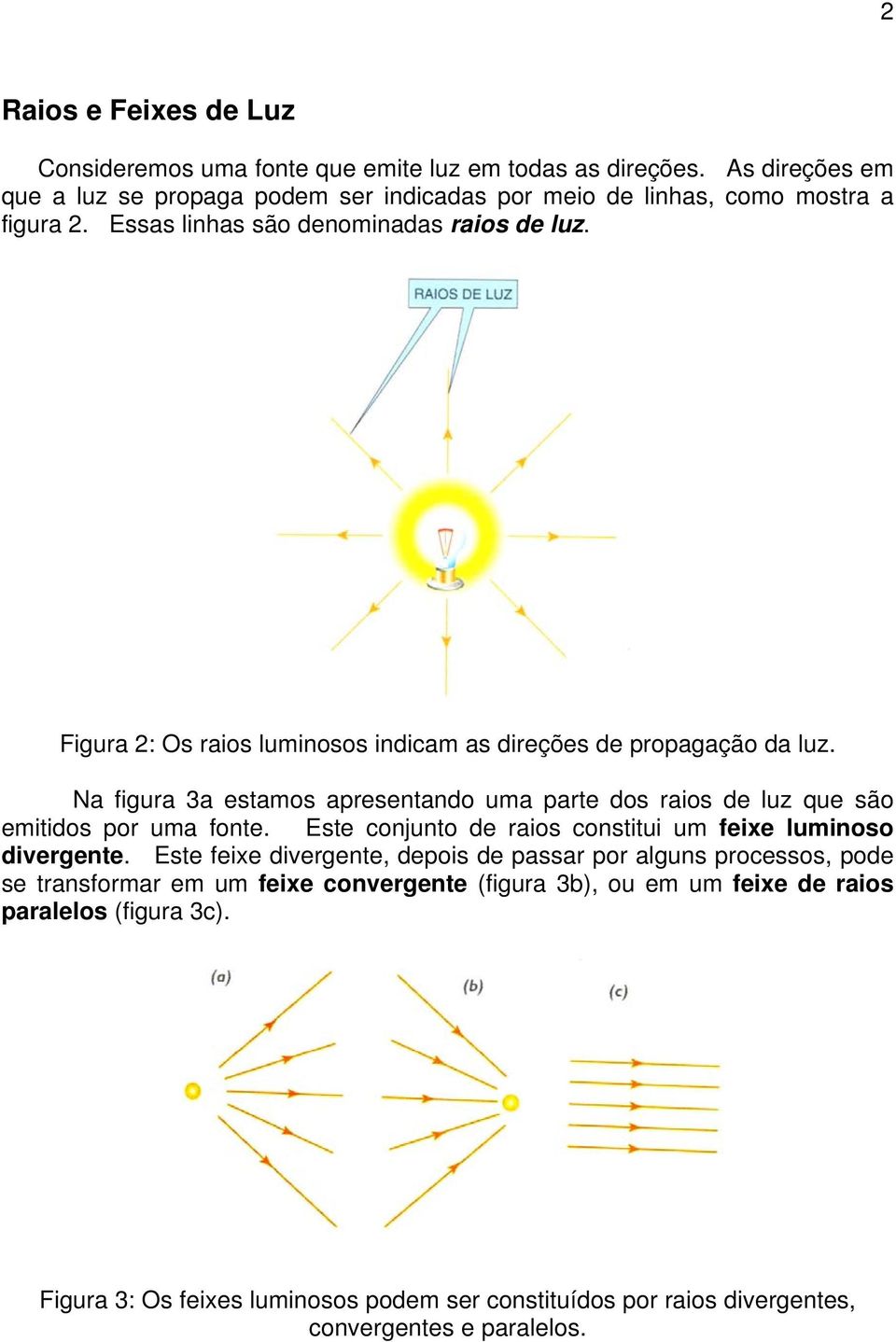 Figura 2: Os raios luminosos indicam as direções de propagação da luz. Na figura 3a estamos apresentando uma parte dos raios de luz que são emitidos por uma fonte.