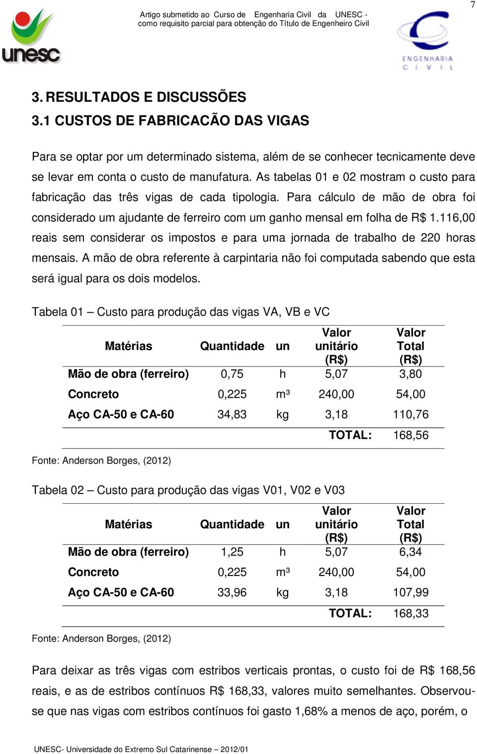 116,00 reais sem considerar os impostos e para uma jornada de trabalho de 220 horas mensais. A mão de obra referente à carpintaria não foi computada sabendo que esta será igual para os dois modelos.