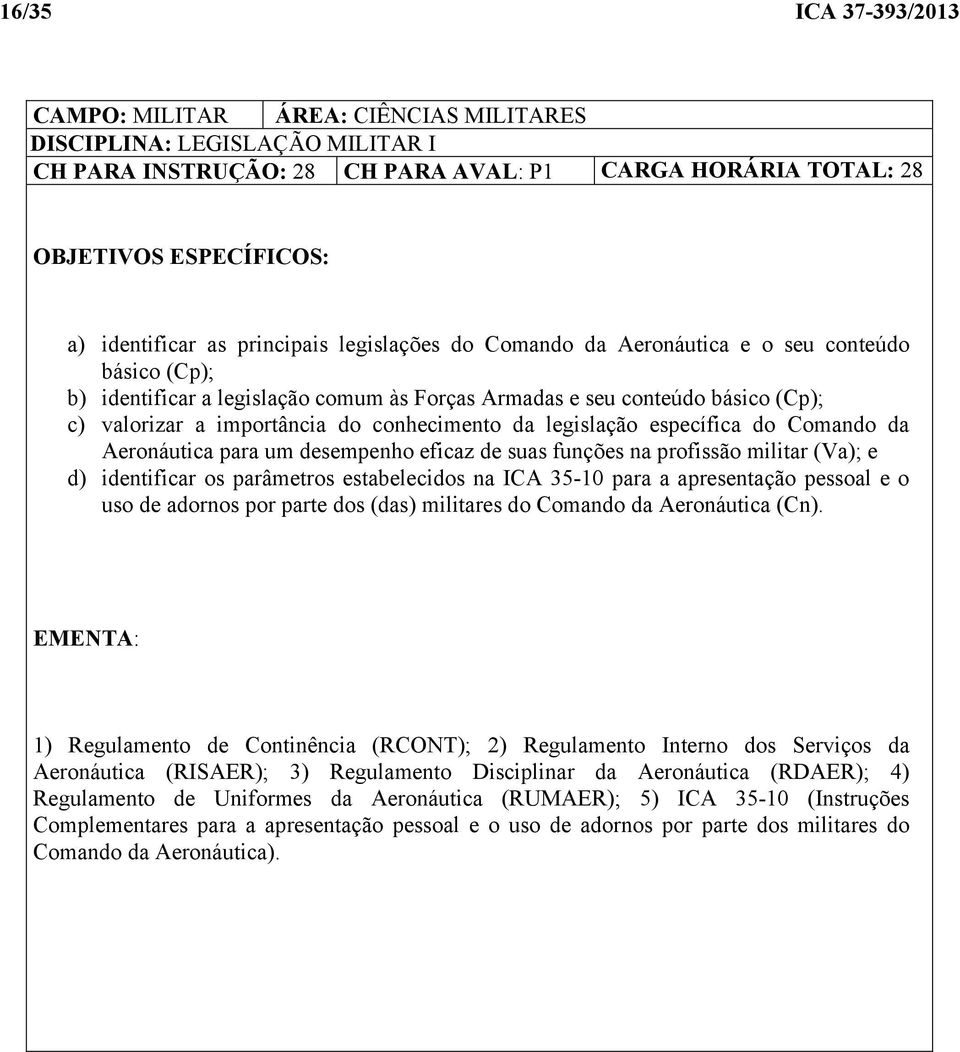 conhecimento da legislação específica do Comando da Aeronáutica para um desempenho eficaz de suas funções na profissão militar (Va); e d) identificar os parâmetros estabelecidos na ICA 35-10 para a