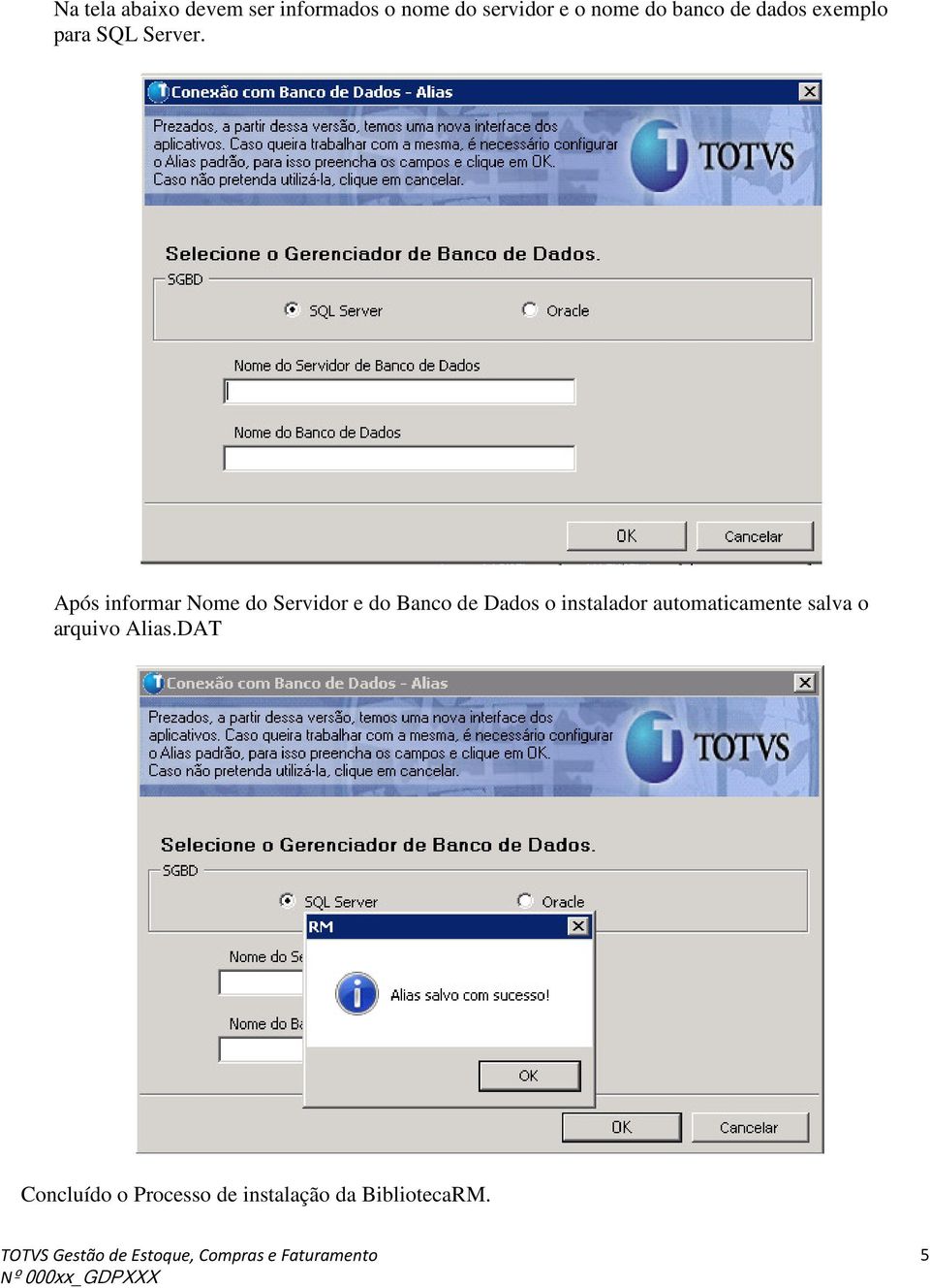 Após informar Nome do Servidor e do Banco de Dados o instalador