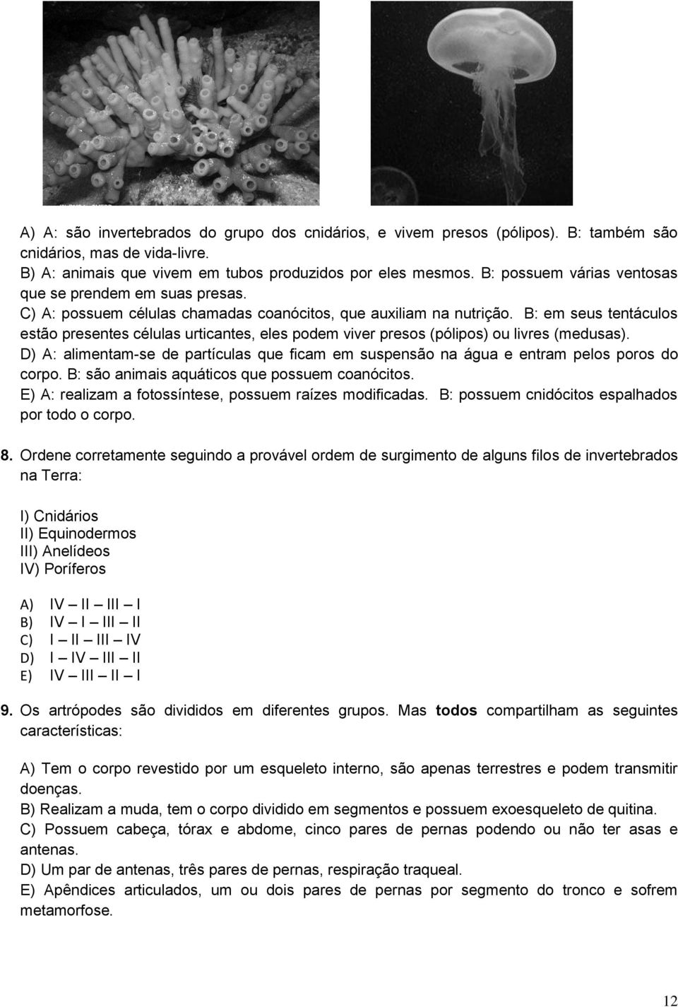 B: em seus tentáculos estão presentes células urticantes, eles podem viver presos (pólipos) ou livres (medusas).