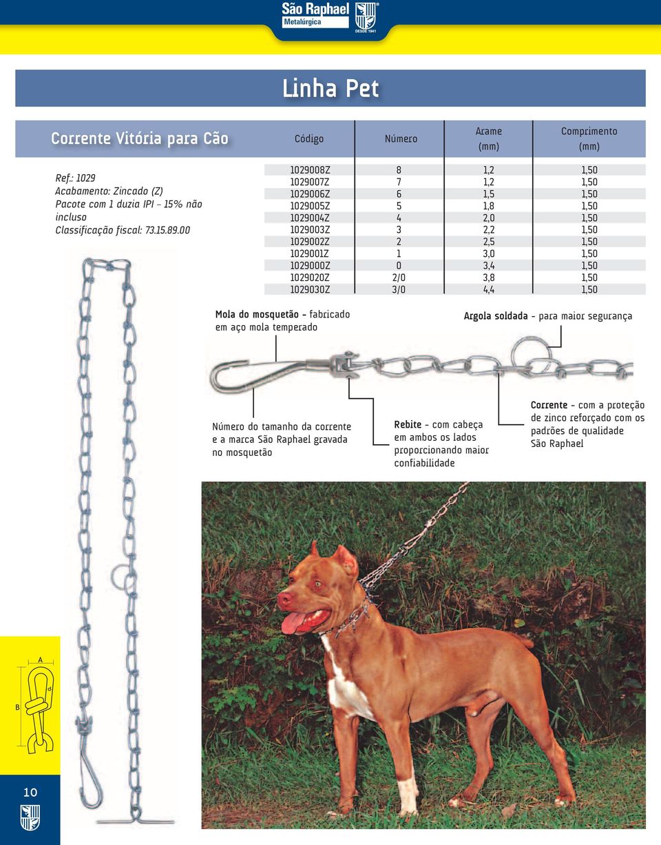 1,50 1029020Z 2/0 3,8 1,50 1029030Z 3/0 4,4 1,50 Mola do mosquetão - fabricado em aço mola temperado Argola soldada - para maior segurança Número do tamanho da corrente e a marca