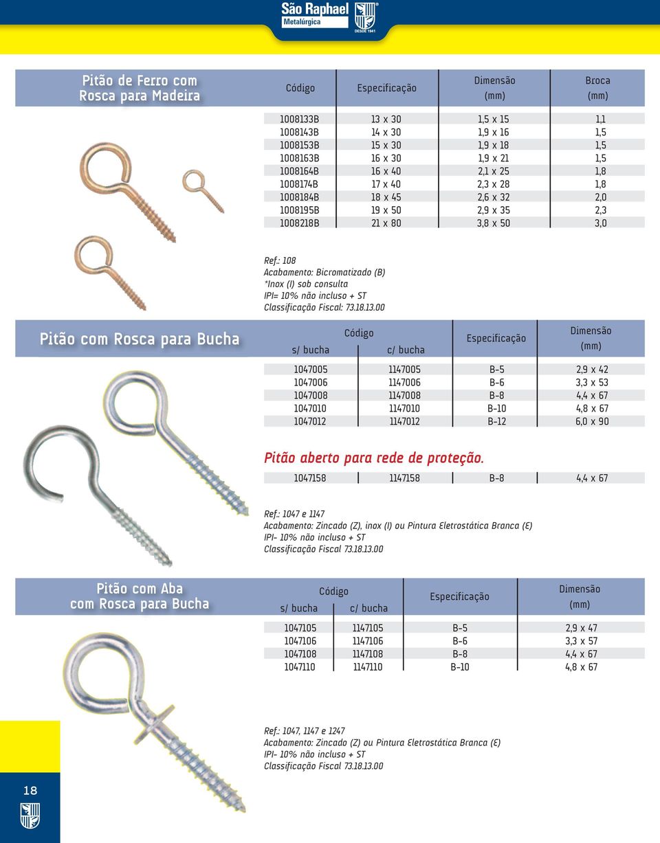 : 108 Acabamento: Bicromatizado (B) *Inox (I) sob consulta IPI= 10% não incluso + ST Classificação Fiscal: 73.18.13.
