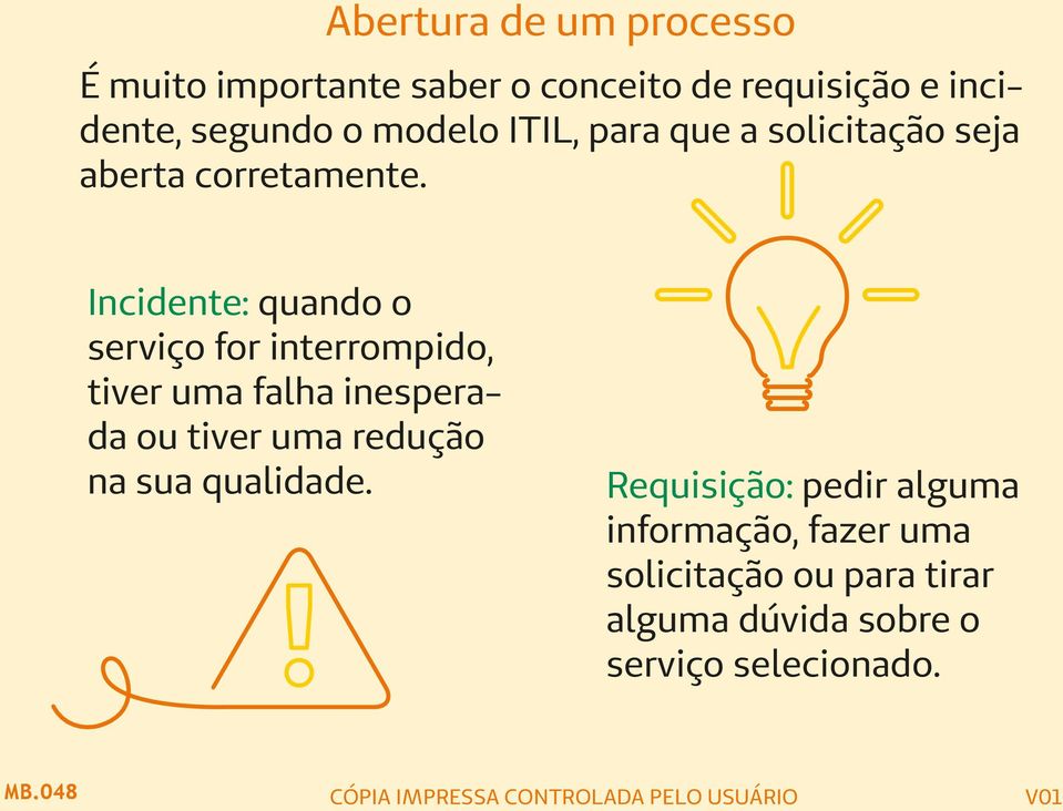 Incidente: quando o serviço for interrompido, tiver uma falha inesperada ou tiver uma redução na