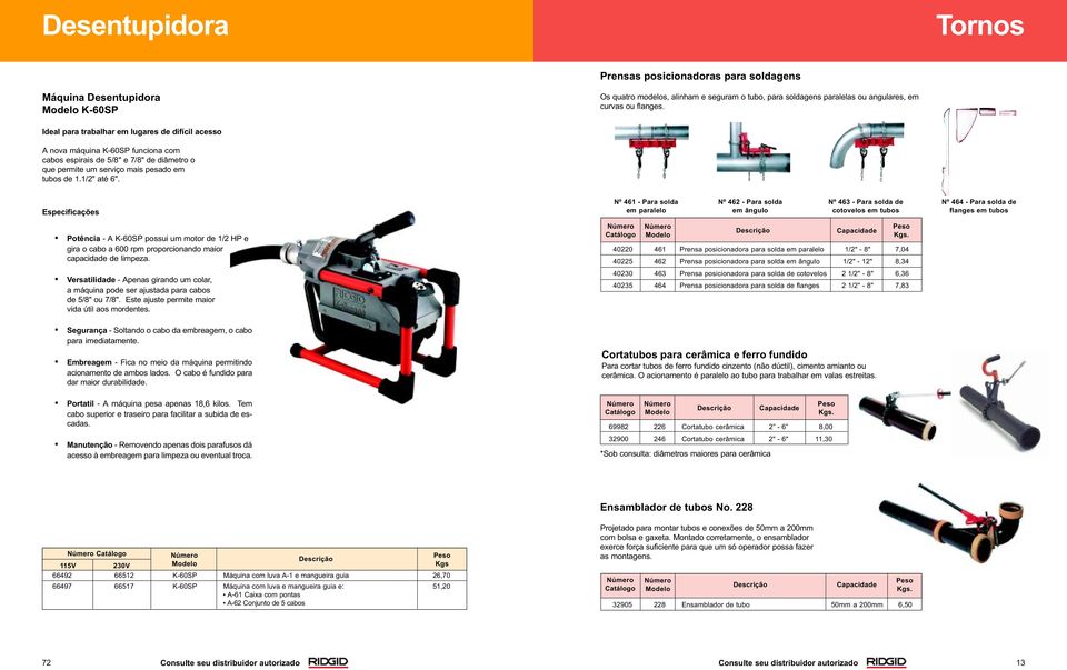 Especificações Potência - A K-60SP possui um motor de 1/2 HP e gira o cabo a 600 rpm proporcionando maior capacidade de limpeza.