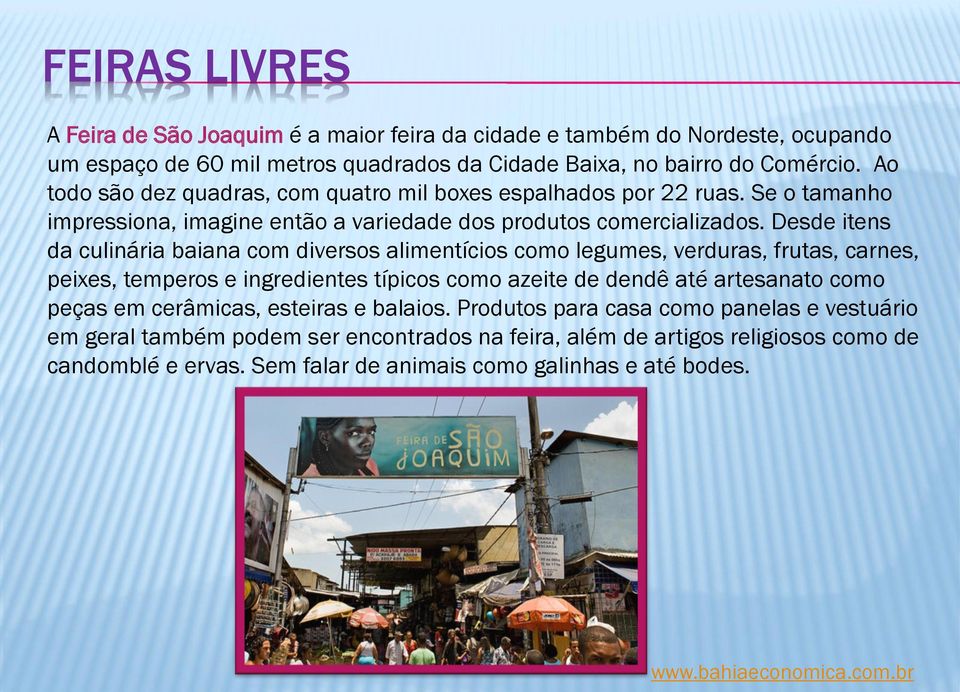 Desde itens da culinária baiana com diversos alimentícios como legumes, verduras, frutas, carnes, peixes, temperos e ingredientes típicos como azeite de dendê até artesanato como peças em