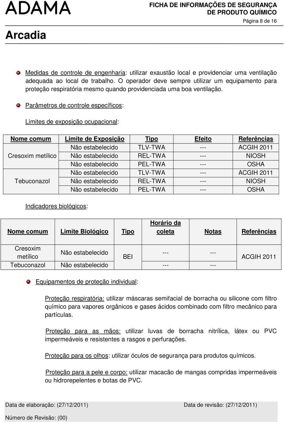 Parâmetros de controle específicos: Limites de exposição ocupacional: Nome comum Limite de Exposição Tipo Efeito Referências Não estabelecido TLV-TWA --- ACGIH 2011 Cresoxim metílico Não estabelecido