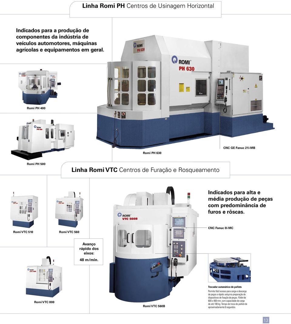 rôscas. Romi VTC 510 Romi VTC 560 CNC Fanuc 0i-MC Avanço rápido dos eixos: 48 m/min.