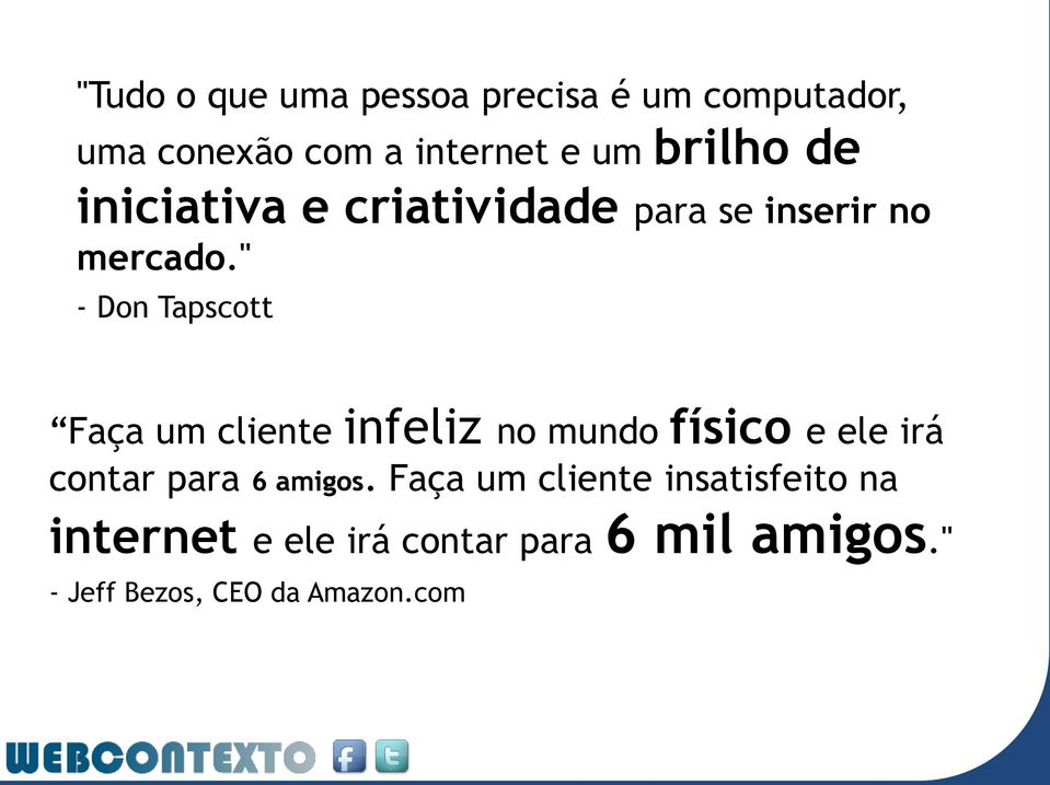 " - Don Tapscott Faça um cliente infeliz no mundo físico e ele irá contar para 6