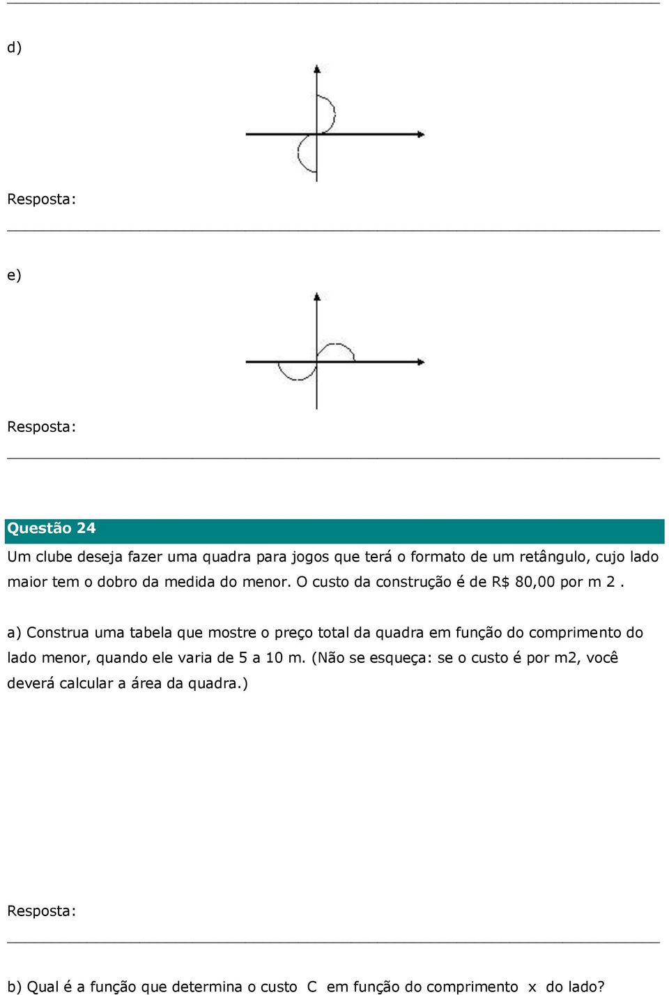 a) Construa uma tabela que mostre o preço total da quadra em função do comprimento do lado menor, quando ele varia de