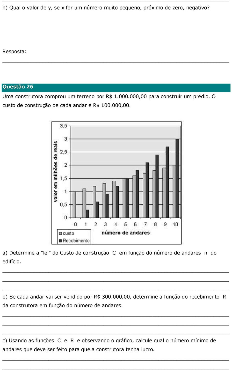 b) Se cada andar vai ser vendido por R$ 300.000,00, determine a função do recebimento R da construtora em função do número de andares.