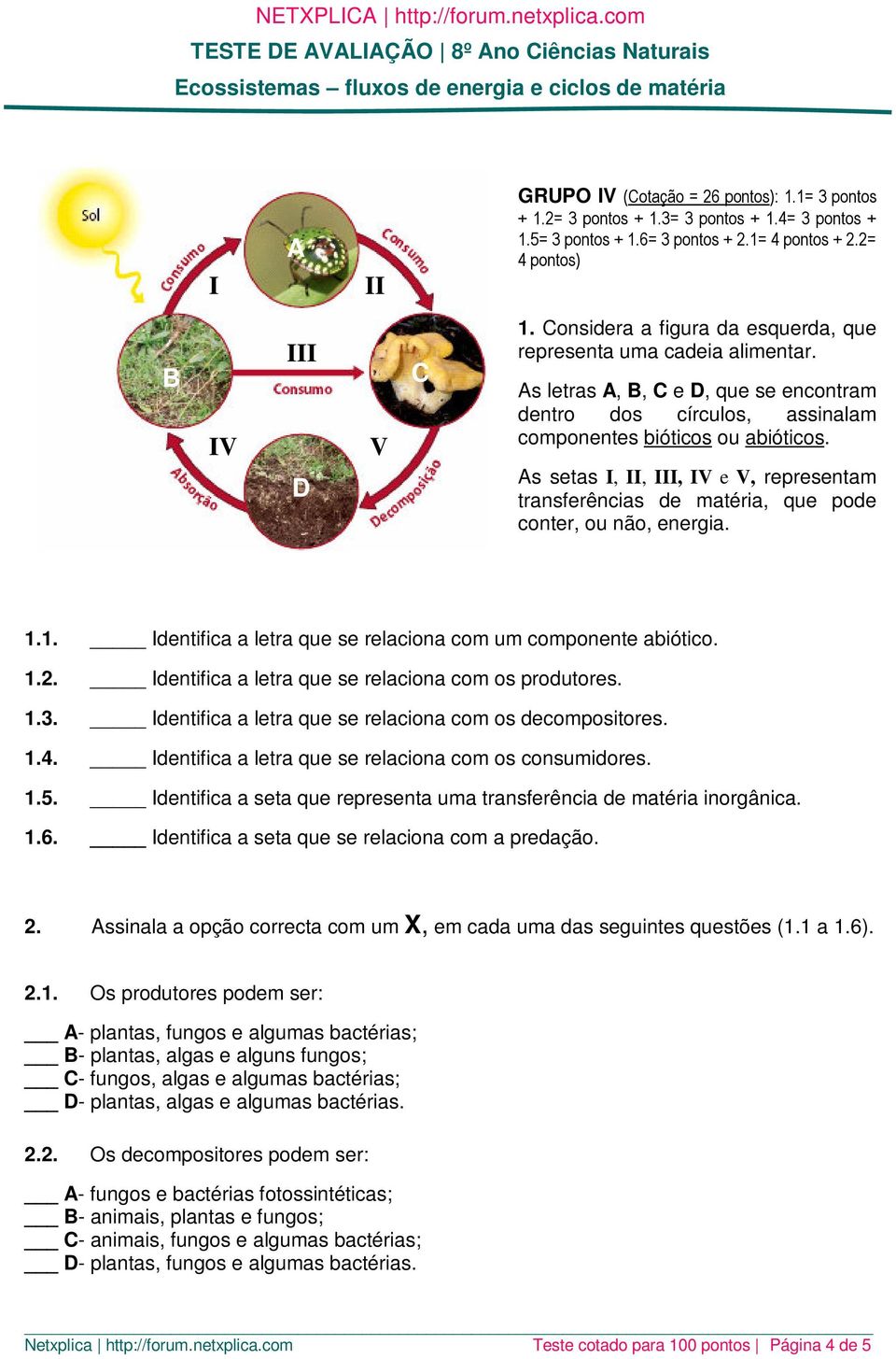 As setas I, II, III, IV e V, representam transferências de matéria, que pode conter, ou não, energia. 1.1. Identifica a letra que se relaciona com um componente abiótico. 1.2.