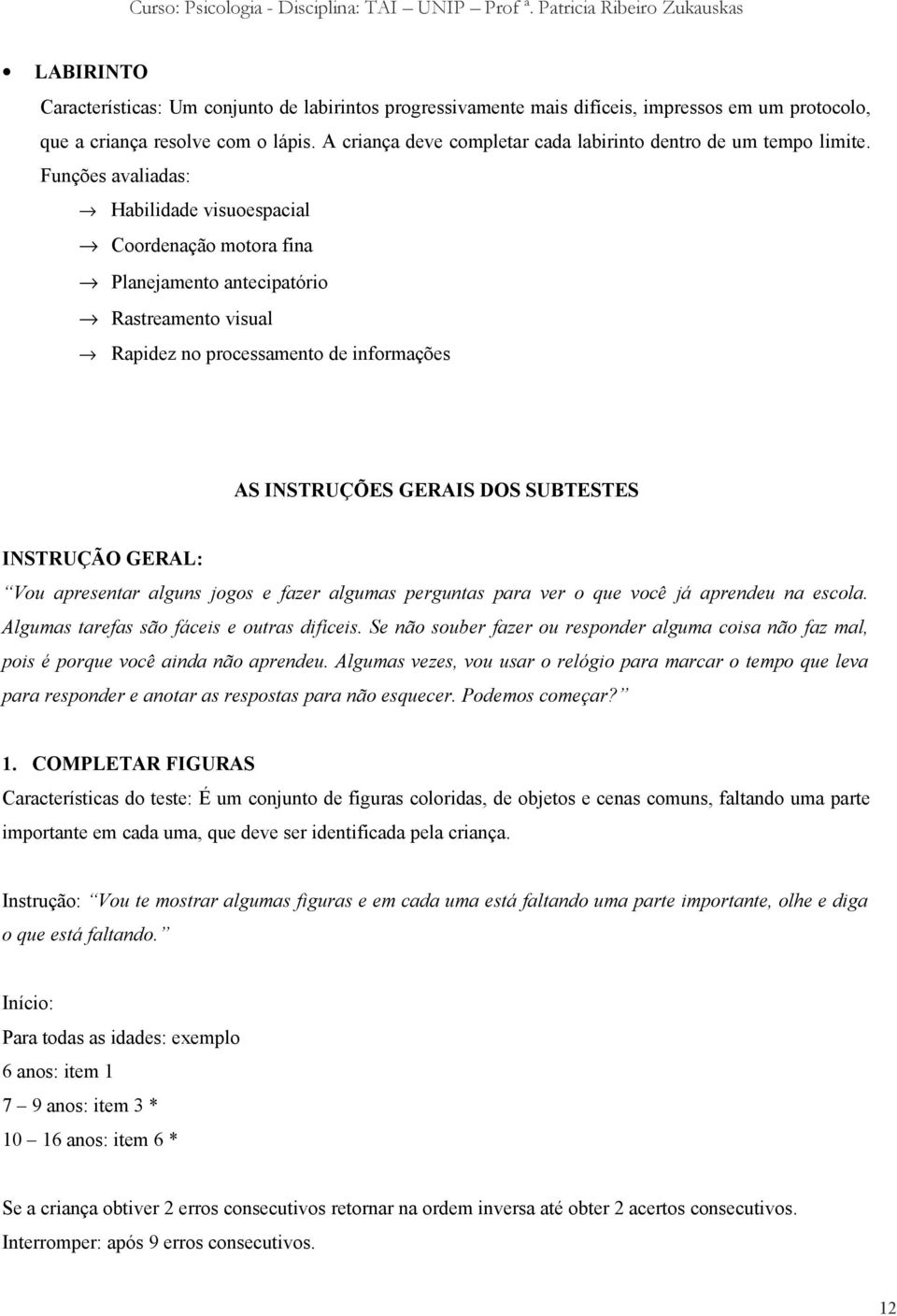 Funções avaliadas: Habilidade visuoespacial Coordenação motora fina Planejamento antecipatório Rastreamento visual Rapidez no processamento de informações AS INSTRUÇÕES GERAIS DOS SUBTESTES INSTRUÇÃO