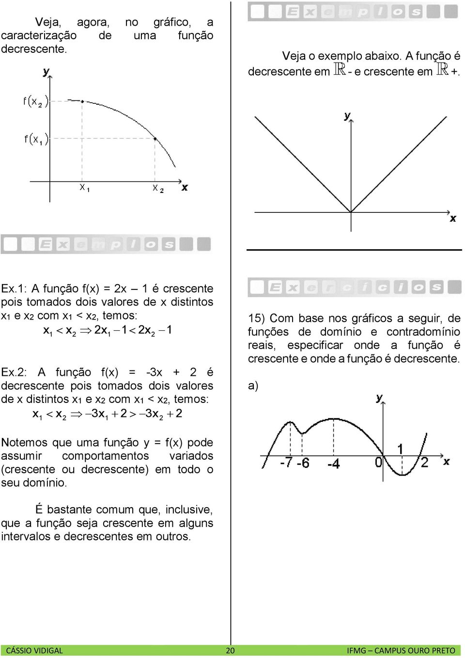 : A função f() = - + é decrescente pois tomados dois valores de distintos e com <, temos: ) Com base nos gráficos a seguir, de funções de domínio e contradomínio reais, especificar