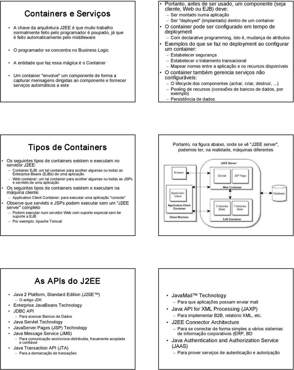 antes de ser usado, um componente (seja cliente, Web ou EJB) deve: Ser montado numa aplicação Ser "deployed" (implantado) dentro de um container O container pode ser configurado em tempo de