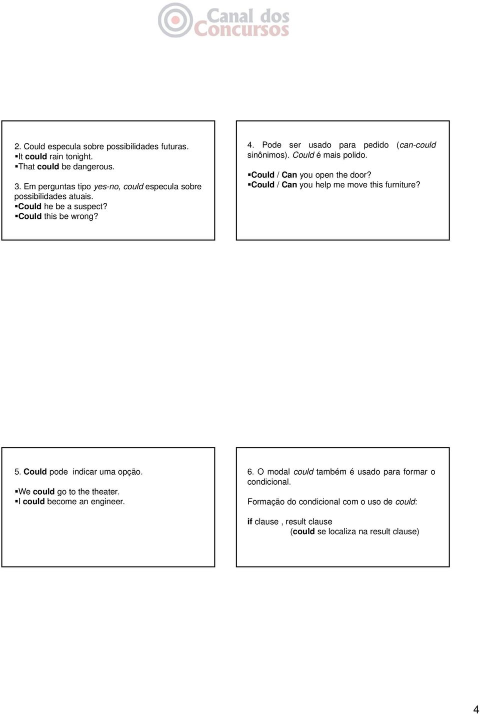 Pode ser usado para pedido (can-could sinônimos). Could é mais polido. Could / Can you open the door? Could / Can you help me move this furniture? 5.