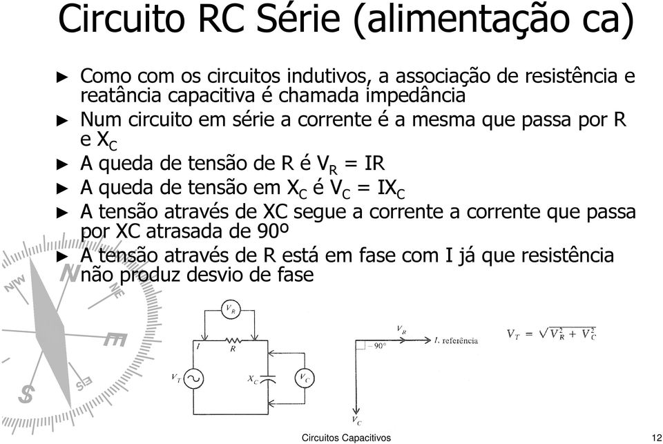 R é V R = IR A queda de tensão em X C é V C = IX C A tensão através de XC segue a corrente a corrente que passa por