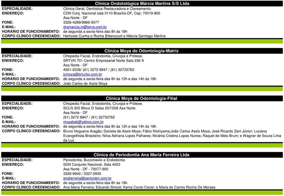 br de segunda a sexta-feira das 8h às 18h Herlizete Cunha e Rocha Bittencourt e Márcia Santiago Martins Clínica Moya de Odontologia-Matriz Ortopedia Facial, Endodontia, Cirurgia e Prótese.