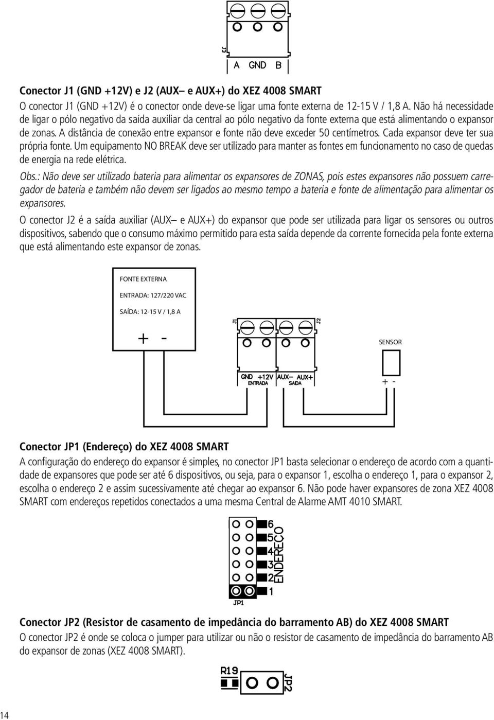 A distância de conexão entre expansor e fonte não deve exceder 50 centímetros. Cada expansor deve ter sua própria fonte.