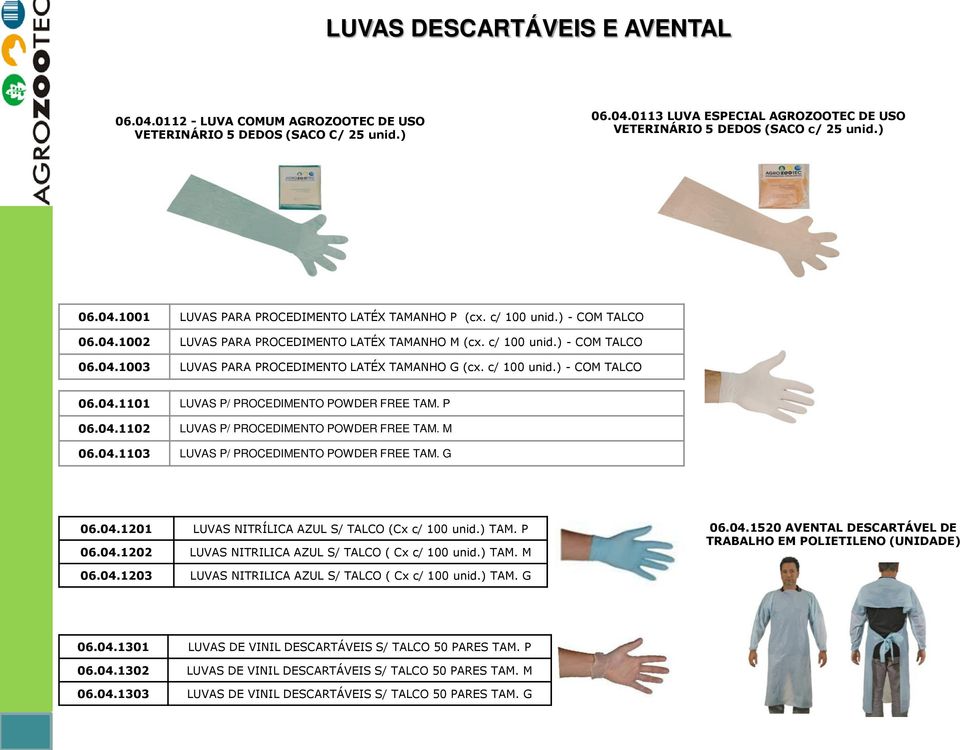 P 06.04.1102 LUVAS P/ PROCEDIMENTO POWDER FREE TAM. M 06.04.1103 LUVAS P/ PROCEDIMENTO POWDER FREE TAM. G 06.04.1201 LUVAS NITRÍLICA AZUL S/ TALCO (Cx c/ 100 unid.) TAM. P 06.04.1202 LUVAS NITRILICA AZUL S/ TALCO ( Cx c/ 100 unid.