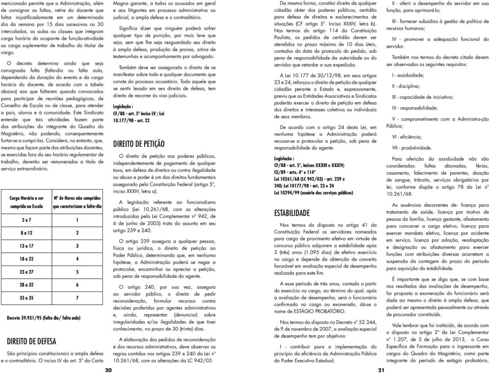 O decreto determina ainda que seja consignada falta (falta-dia ou falta aula, dependendo da duração do evento e da carga horária do docente, de acordo com a tabela abaixo) aos que faltarem quando