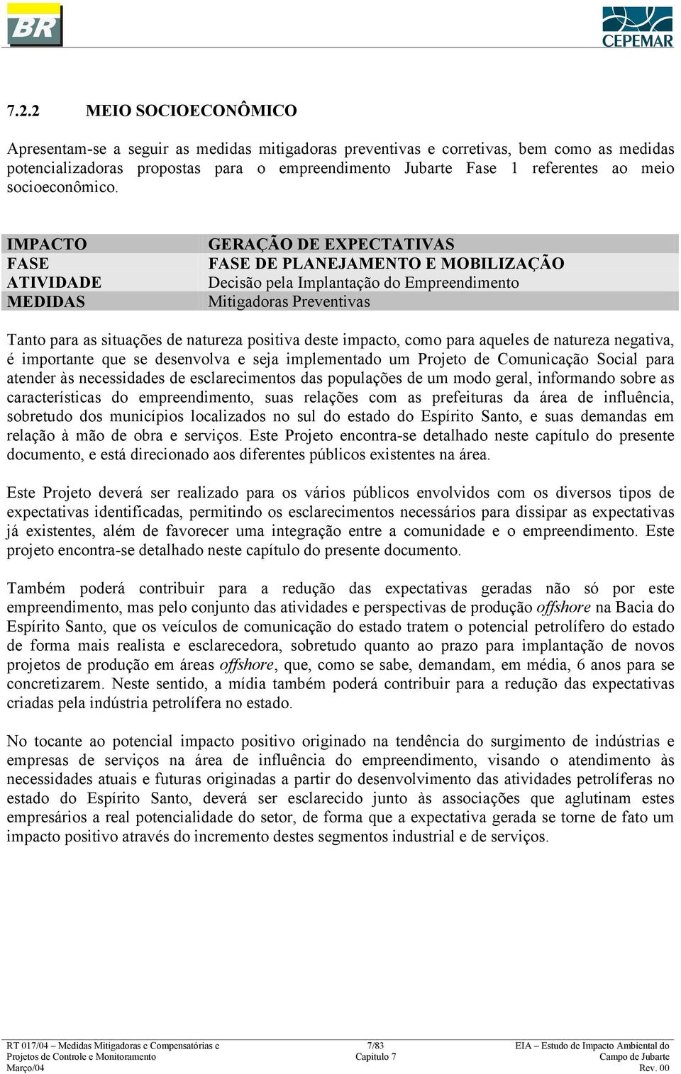 IMPACTO FASE ATIVIDADE MEDIDAS GERAÇÃO DE EXPECTATIVAS FASE DE PLANEJAMENTO E MOBILIZAÇÃO Decisão pela Implantação do Empreendimento Mitigadoras Preventivas Tanto para as situações de natureza