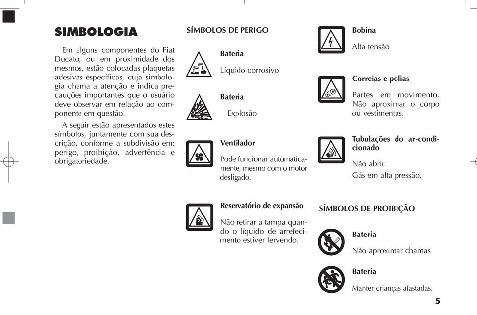 A seguir estão apre sen ta dos estes sím bo los, jun ta men te com sua des - cri ção, con for me a sub di vi são em: peri go, proi bi ção, adver tên cia e obri ga to rie da de.