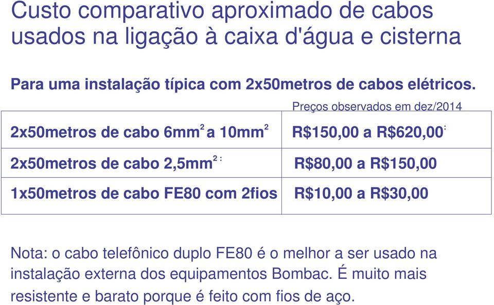 Preços observados em dez/2014 2 2 : 2x50metros de cabo 6mm a 10mm R$150,00 a R$620,00 2 : 2x50metros de cabo 2,5mm R$80,00 a