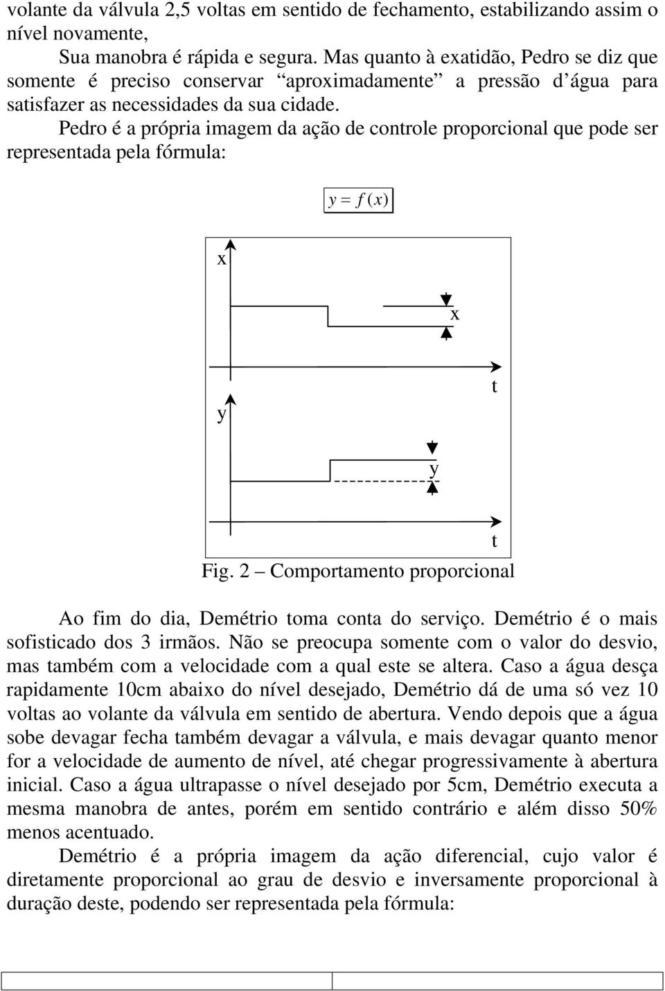 Pedro é a própria imagem da ação de conrole proporcional que pode ser represenada pela fórmula: f () Fig. 2 Comporameno proporcional Ao fim do dia, Demério oma cona do serviço.