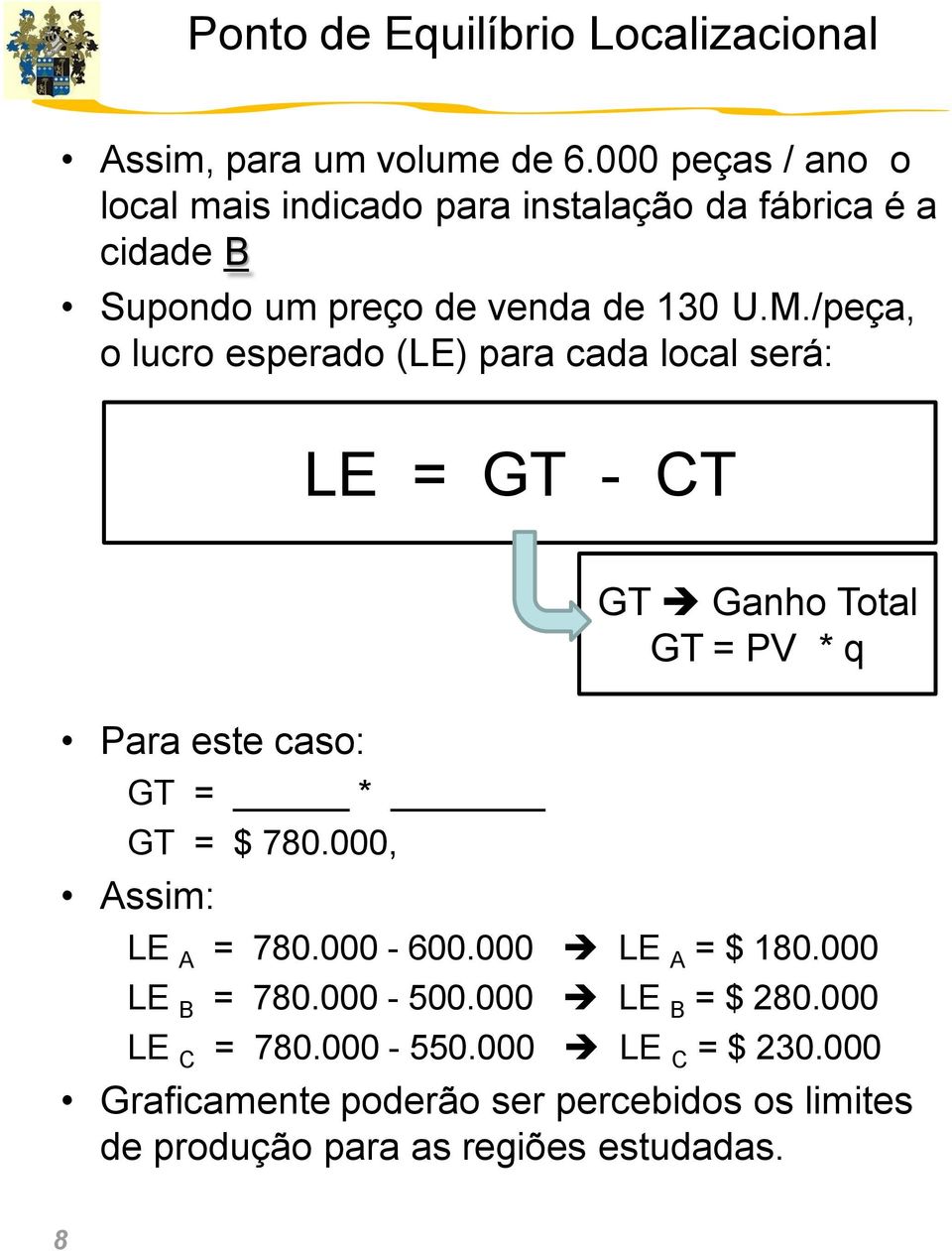 /peça, o lucro esperado (LE) para cada local será: LE = GT - CT Para este caso: GT = * GT = $ 780.