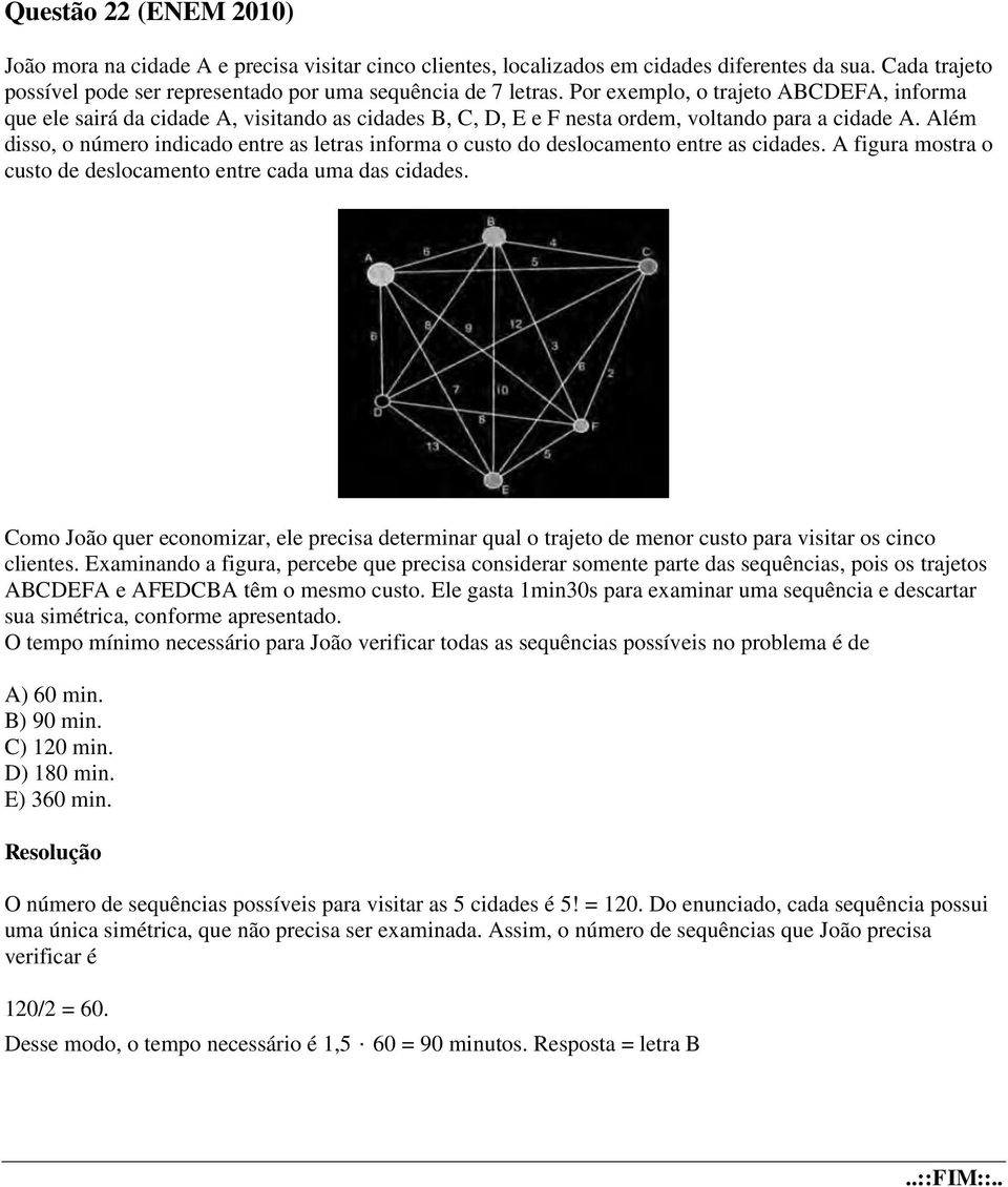 Além disso, o número indicado entre as letras informa o custo do deslocamento entre as cidades. A figura mostra o custo de deslocamento entre cada uma das cidades.