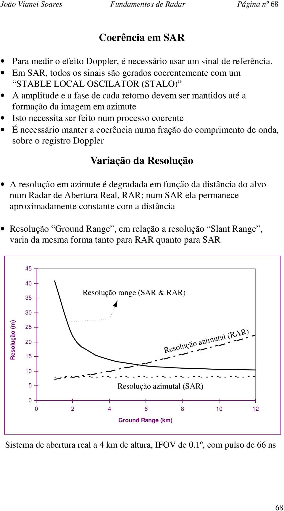 feito num processo coerente É necessário manter a coerência numa fração do comprimento de onda, sobre o registro Doppler Variação da Resolução A resolução em azimute é degradada em função da