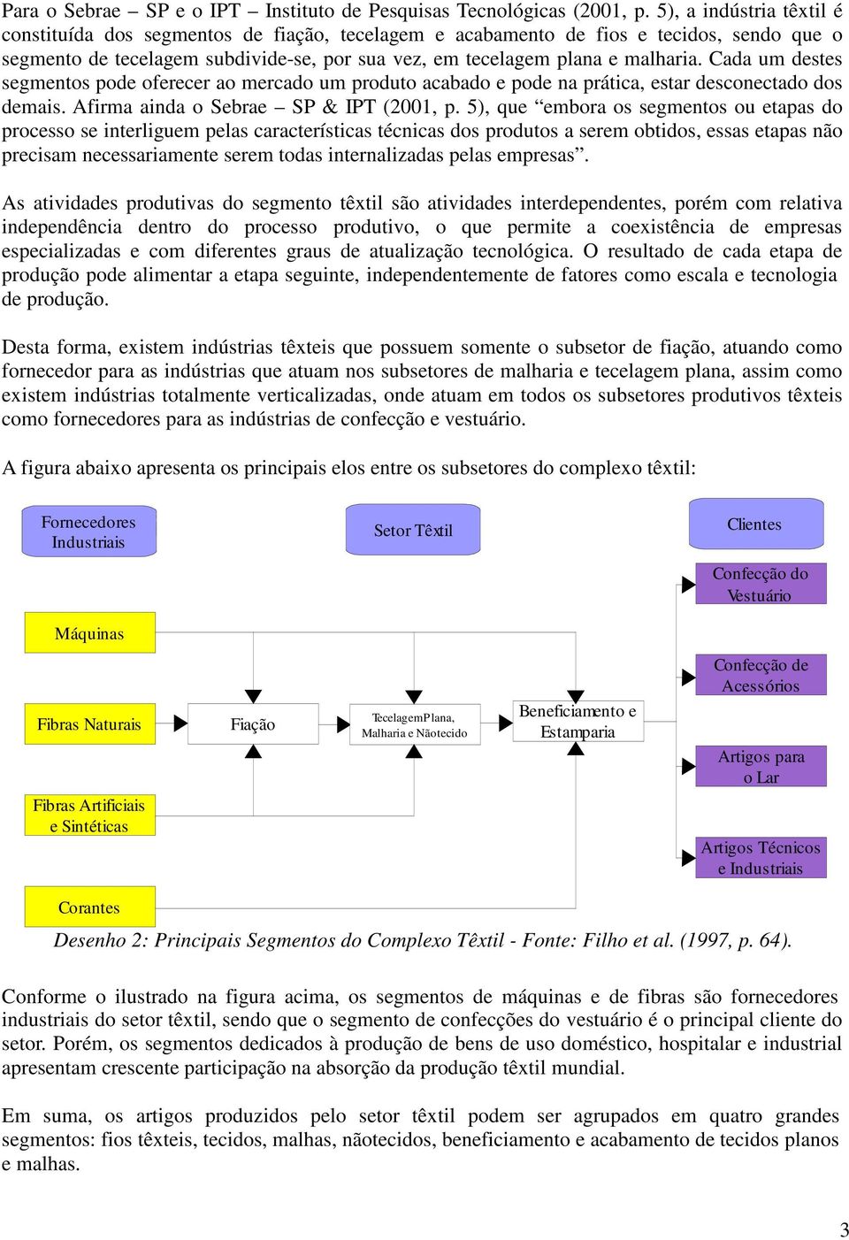 Cada um destes segmentos pode oferecer ao mercado um produto acabado e pode na prática, estar desconectado dos demais. Afirma ainda o Sebrae SP & IPT (2001, p.