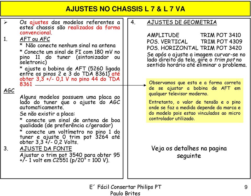 8361) até obter 3,3 +/- 0,1 V no pino 44 do TDA 8361 AGC Alguns modelos possuem uma placa ao lado do tuner que o ajuste do AGC automaticamente.