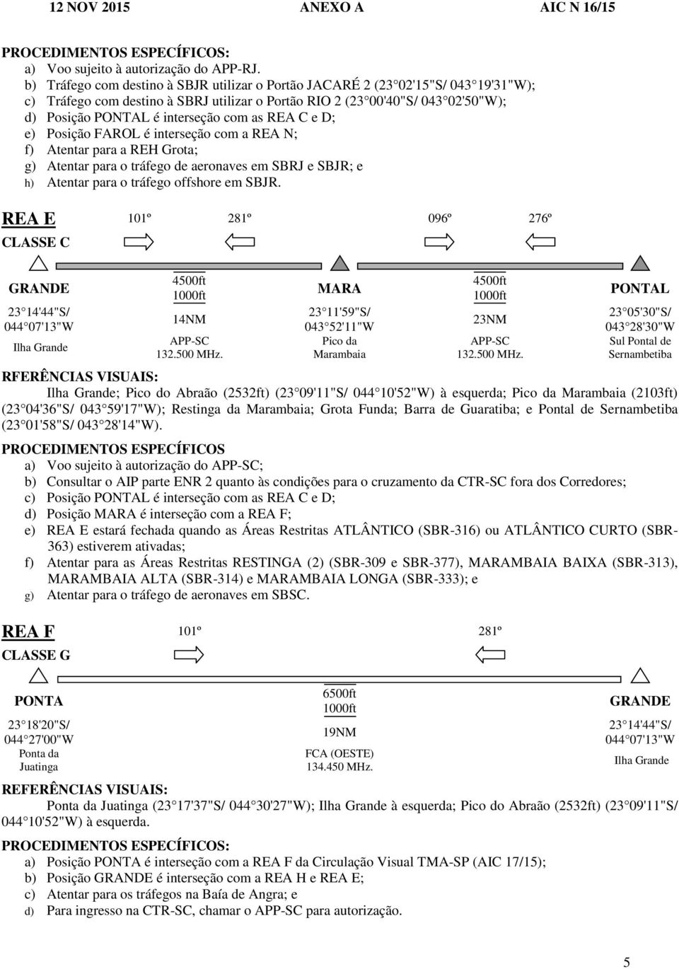 as REA C e D; e) Posição FAROL é interseção com a REA N; f) Atentar para a REH Grota; g) Atentar para o tráfego de aeronaves em SBRJ e SBJR; e h) Atentar para o tráfego offshore em SBJR.