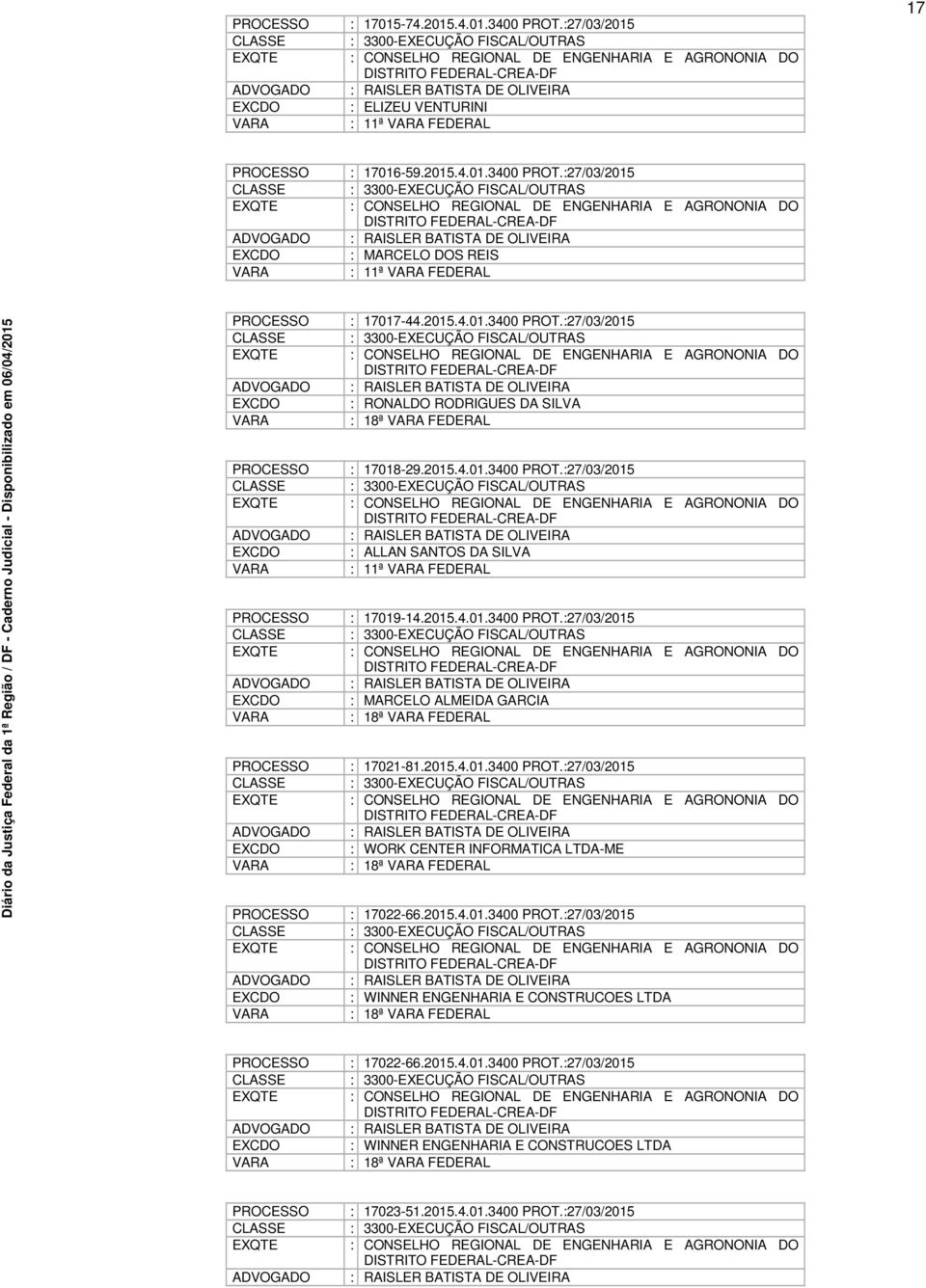 2015.4.01.3400 PROT.:27/03/2015 : CONSELHO REGIONAL DE ENGENHARIA E AGRONONIA DO DISTRITO FEDERAL-CREA-DF : RAISLER BATISTA DE OLIVEIRA : MARCELO ALMEIDA GARCIA : 18ª FEDERAL : 17021-81.2015.4.01.3400 PROT.:27/03/2015 : CONSELHO REGIONAL DE ENGENHARIA E AGRONONIA DO DISTRITO FEDERAL-CREA-DF : RAISLER BATISTA DE OLIVEIRA : WORK CENTER INFORMATICA LTDA-ME : 18ª FEDERAL : 17022-66.