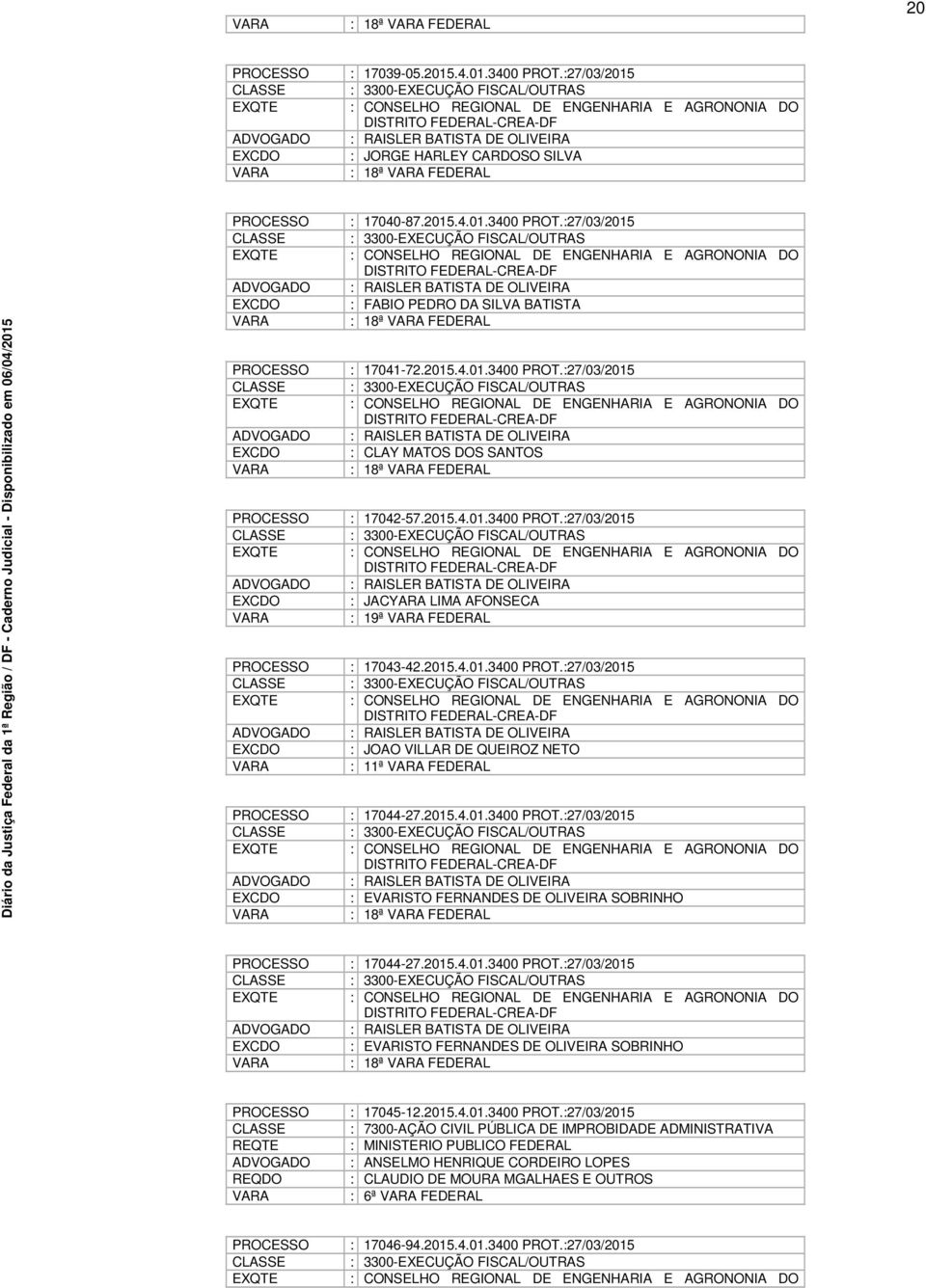 :27/03/2015 : CONSELHO REGIONAL DE ENGENHARIA E AGRONONIA DO DISTRITO FEDERAL-CREA-DF : RAISLER BATISTA DE OLIVEIRA : FABIO PEDRO DA SILVA BATISTA : 18ª FEDERAL : 17041-72.2015.4.01.3400 PROT.